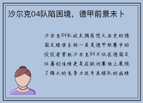 沙尔克04队陷困境，德甲前景未卜