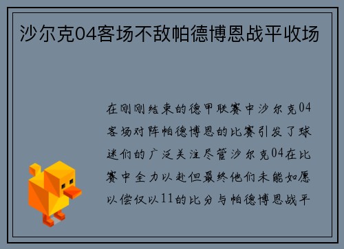 沙尔克04客场不敌帕德博恩战平收场